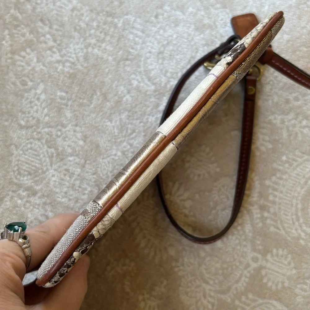Coach Patchwork Zippered Wristlet Signature C Leather Suede Metallic Snakeskin